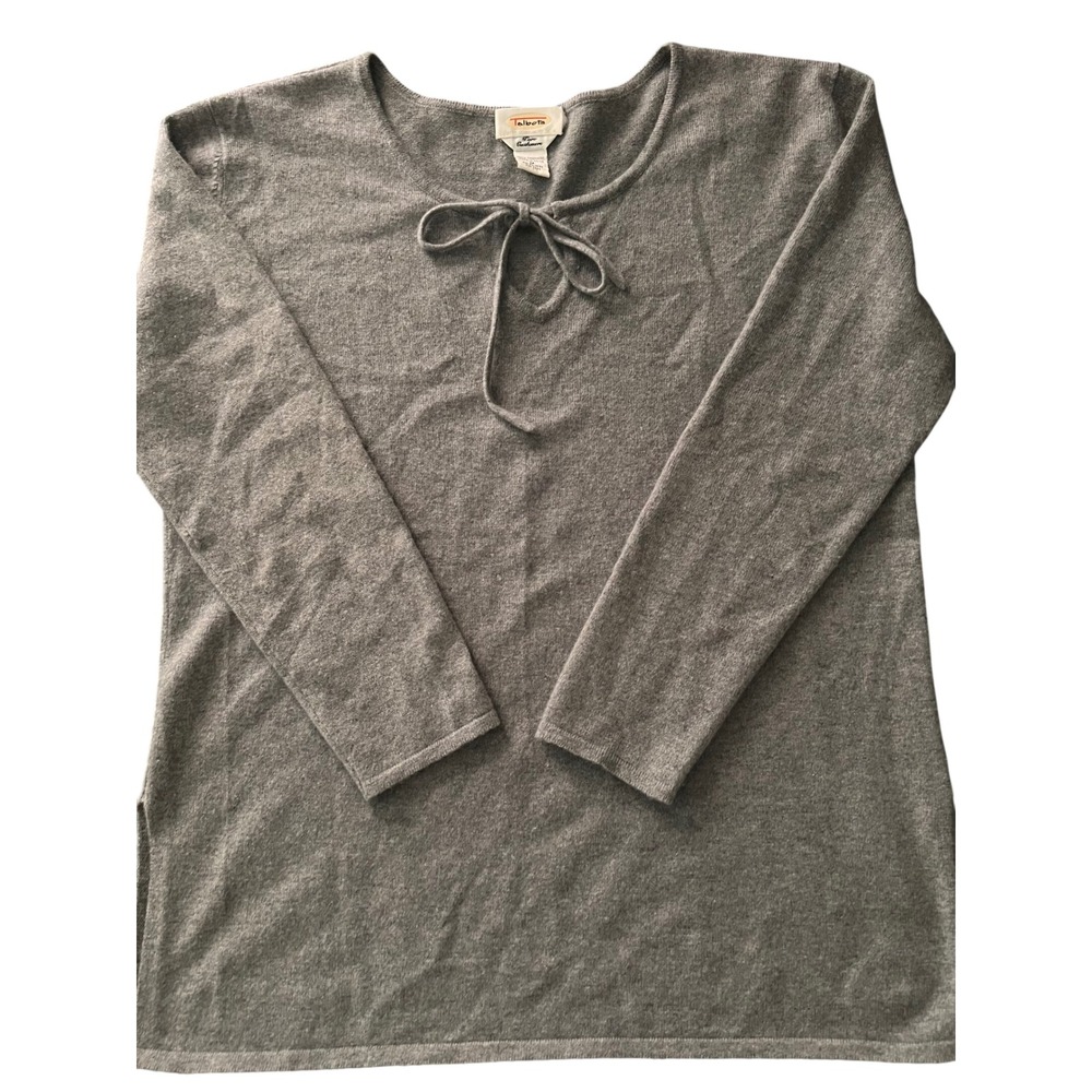 Talbots Pure Cashmere Gray Tie Neck Sweater Long Sleeve Side Slit Size M